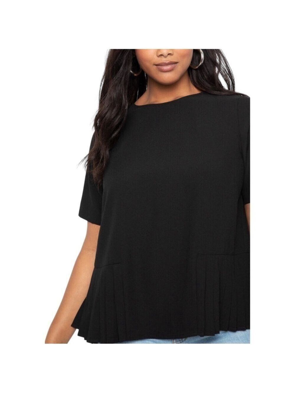 Zara Flowy Pleated Hem Peplum Style Crewneck Short Sleeve Black Blouse Top